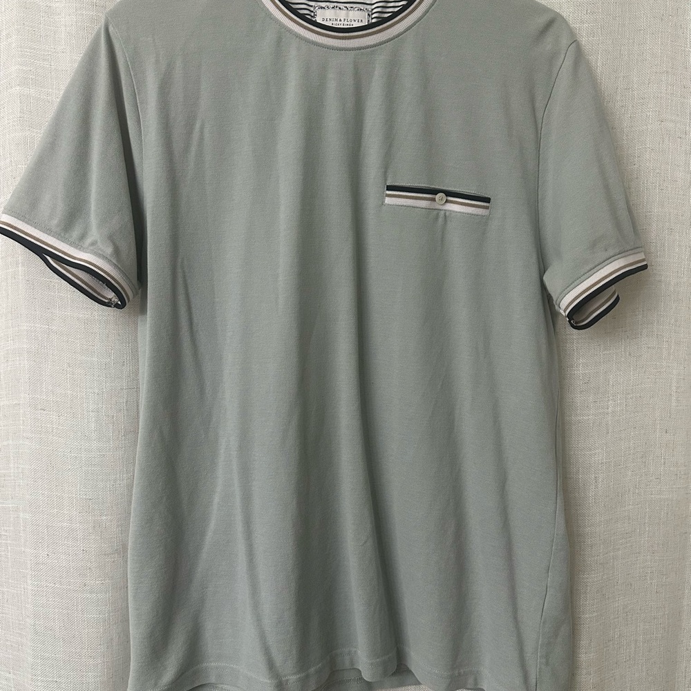 Denim & Flower Light Teal Short Sleeve Tee with Striped Accents